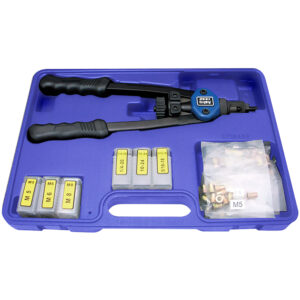 1442 Astro Pneumatic 13'' Nut/Thread Setting Hand Riveter Kit W/ 3PC Metric and 3PC SAE Mandrel/Nosepiece Sets and Rivet Nut Assortment
