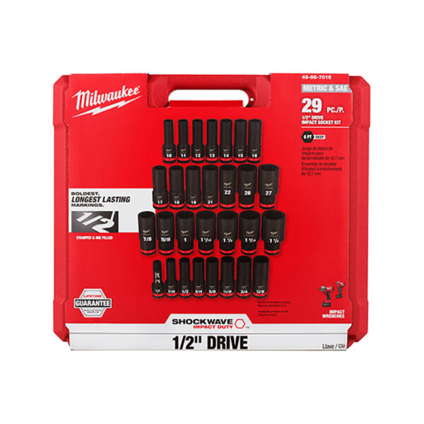 49-66-7016 Milwaukee SHOCKWAVE Impact Duty 1/2'' Drive SAE & Metric Deep 6 Point Socket 29PC Set