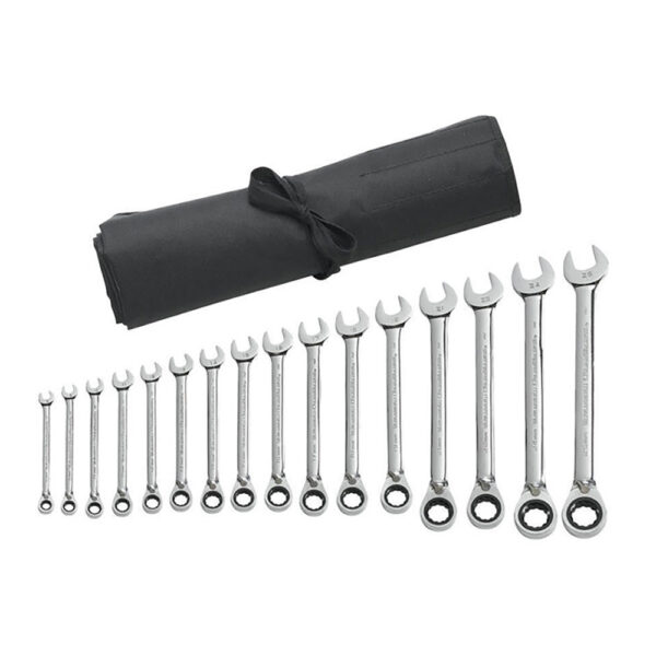 GearWrench 9602RN 16PC 72-Tooth 12 Point Reversible Ratcheting Combination Metric Wrench Set with Tool Roll
