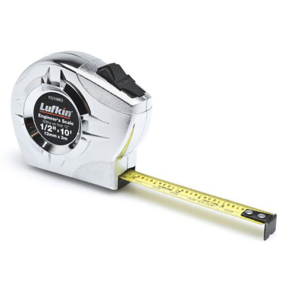 Lufkin P2210MEXN 1/2'' x 3m/10' P2000 Series Chrome Case SAE/Metric Yellow Clad A36 Blade Power Return Tape Measure