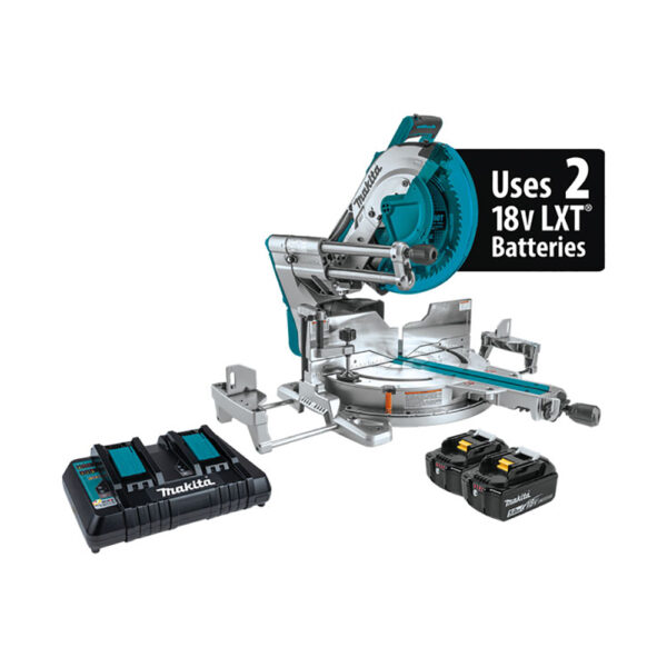 XSL07PT Makita 36V (18V X2) LXT Brushless 12'' Dual-Bevel Sliding Compound Miter Saw with Laser Kit (5.0Ah)
